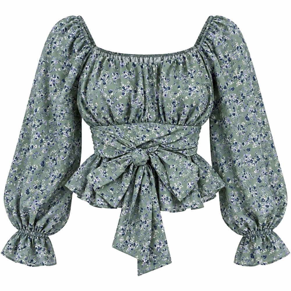 Altar'd State Green Floral Puff Sleeve Peplum Tie Waist Blouse Small
